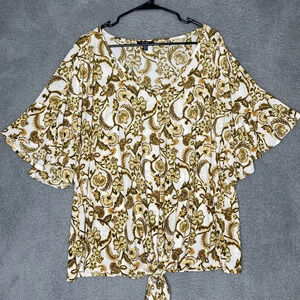 Cocomo womens bell sleeve geometric floral blouse tie front green stretch 3X